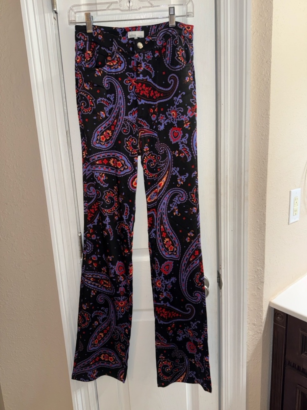 DANIELLE BERNSTEIN Black Paisley Boot-Cut Pants with Purple & Red Accents